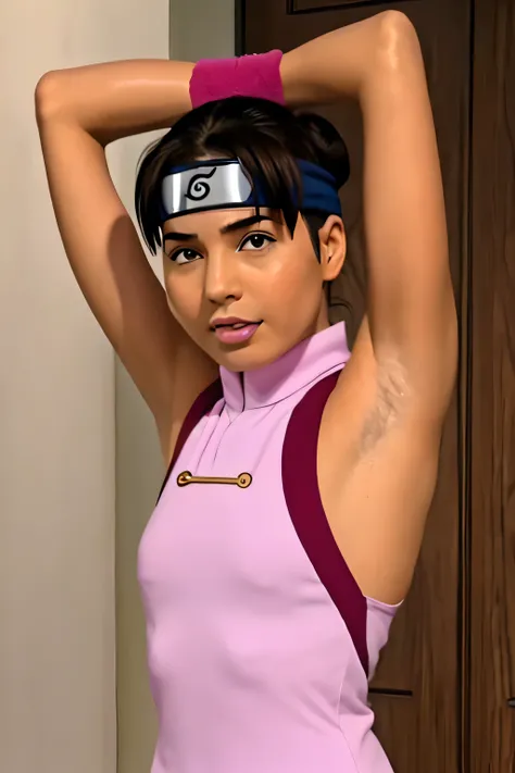 Tenten,human woman with fair skin and slight tan.with brown eyes and pink clothing. Her hair is long and brown in color; She is beautiful. Fair skin.Tsundere face. Pink eye shading,mature appearance,armpits,sweat,sweaty,sweaty armpits,arms up,showing armpi...