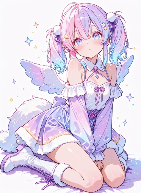 Full Body、Front view portrait、（Loose two-knot、medium long）、1girl、(BEST DETAILS、Highest Quality、Greatest Masterpiece、Super Detailed、８K)、（colorful、 pop）、(Milky White and Pastel Hair Color)、face in front、1girl,(pretty face、Babyface)、cute、Fluffy hair ornament、...