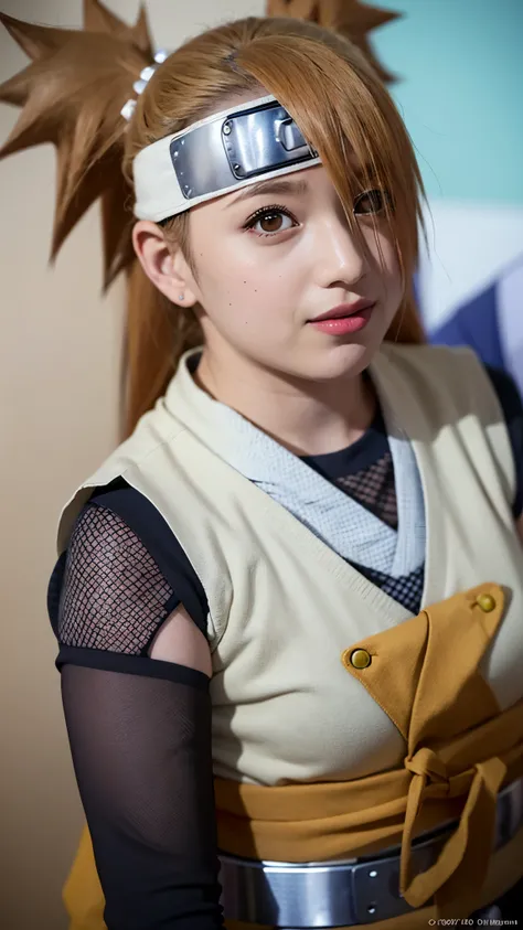 Chocho Akimichi from the anime Boruto: Naruto Next Generations, half-body portrait, wearing her maroon sleeveless jacket, yellow scarf, and dark gloves, confident and friendly expression, realistic hair and skin texture, detailed eyes and facial features, ...