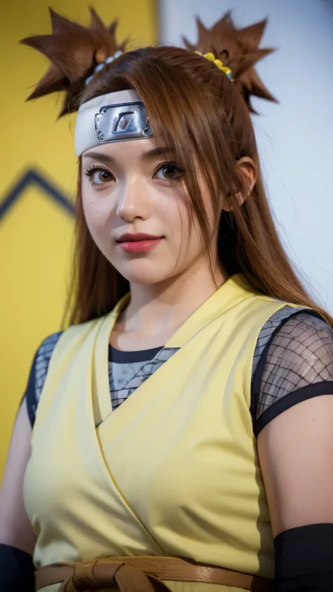 Chocho Akimichi from the anime Boruto: Naruto Next Generations, half-body portrait, wearing her maroon sleeveless jacket, yellow scarf, and dark gloves, confident and friendly expression, realistic hair and skin texture, detailed eyes and facial features, ...
