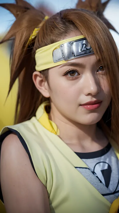 Chocho Akimichi from the anime Boruto: Naruto Next Generations, half-body portrait, wearing her maroon sleeveless jacket, yellow scarf, and dark gloves, confident and friendly expression, realistic hair and skin texture, detailed eyes and facial features, ...