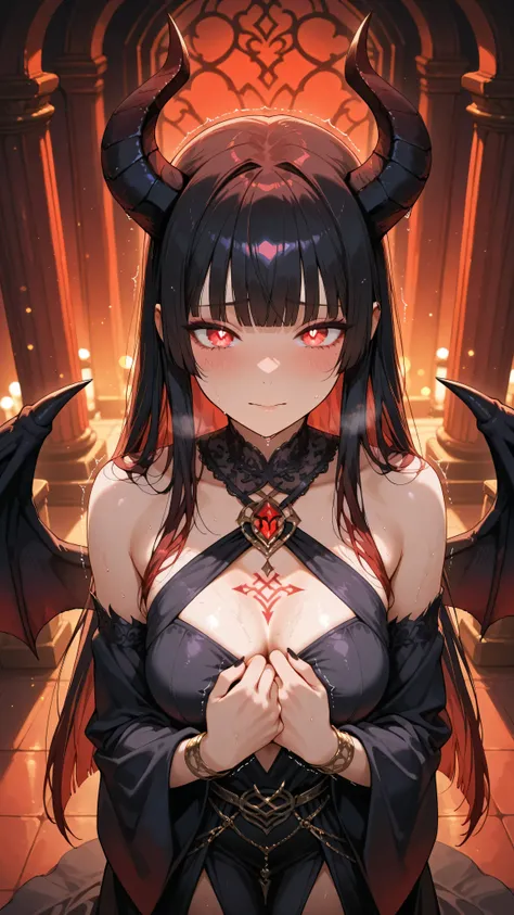 anime style, low-angle medium close-up of a trembling shy female demon lord, looking down nervously at the viewer with tearful round red eyes, straight hair with hime cut, smooth gradient from black to deep red at the tips, black to red gradient demon horn...
