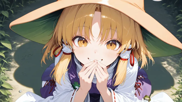 (masterpiece, detailed:1.2),Greatest Masterpiece、Super high quality、perfect human anatomy、Ultra-faithful human body structure、score_9, score_8_up , score_7_up 、8k,Cute,Touhou Project, Suwako Moriya, 1girl、Short blonde hair wearing a brown frog hat, wearing...