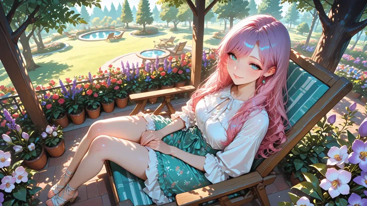 Amy mizuno, casual outfit, trees, garden chair, orchid, jasmine, rose, lavender, camelia, colorful flowers, off-centered, smile, cinematic, artistic, masterpiece, view from above, noon