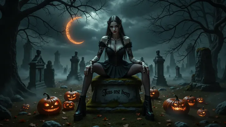 fear,nightmare,Professional photo quality, create a photo of A gothic woman in black attire sits provocatively on a moss-covered tombstone in a spooky graveyard, illuminated by a crescent moon and glowing jack-o'-lanterns. The image depicts a striking goth...
