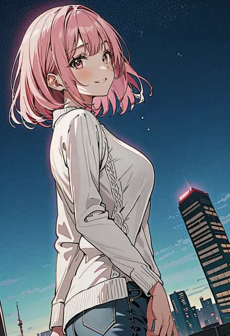 score_9, score_8_up, score_7_up, score_6_up, anime screencap, (masterpiece), (best quality), (details), 1girl, solo, dynamic lighting ,glowing skin, (large breasts) , slender body, smile , looking at viewer, swept bangs, parted bangs, knit, jeans, in the s...