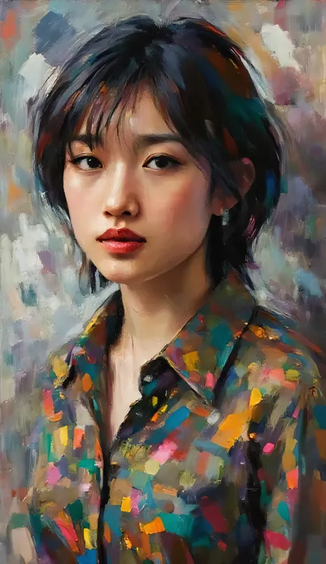 impasto oil painting,This is a digital abstract oil painting. It depicts a beautiful young woman, oil paint with thick strokes and visible drips, a smearing technique, saturated colors, pronounced canvas texture, capturing the interplay of light and shadow...