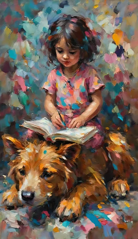 Impasto oil painting ,This is a digital abstract oil painting. A girl sitting on the stuffed animal's stomach、I'm playing with a coloring book, with thick paint strokes and visible drips, Blur Technique, saturated color, remarkable canvas texture, oil pain...