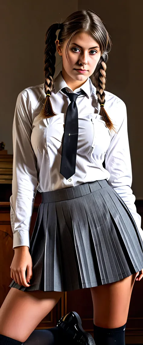detailed portrait of a 18yo woman dressed as a school girl, wearing a white shirt, gray pleated skirt, and black Mary Jane shoes, with her hair in twin tails, looking directly at the camera with a playful, mischievous expression, 8k, high quality, photorea...