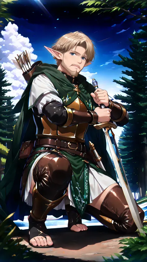 masterpiece, best quality, ultra-detailed, (1 boy, solo, male elf, very long pointed ears, (short hair, light brown hair), (facial hair, light brown beard, (full beard)), (sky-blue eyes, detailed eyes), chiseled jawline, (dark green hood and cloak, sleveel...