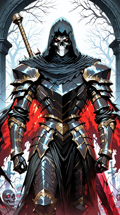 masterpiece, best quality, ultra-detailed, (1 boy, solo, dark skeleton knight, imposing armored undead knight crusader, (rusty ancient heavy armor, dark armor with gold trims), glowing red eyes, (black cape, tattered cape billowing), (grtblade, wielding ma...