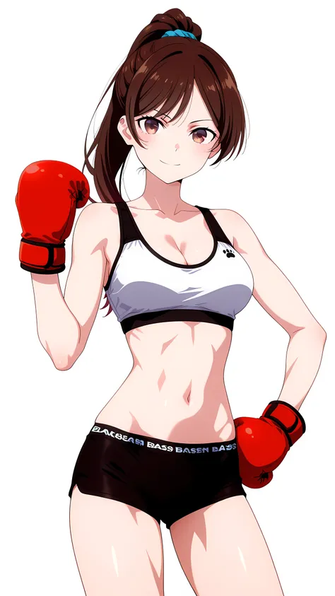 KJOchizuru, brown hair, brown eyes, high ponytail,, cleavage, solo, (white based sports bra, black based boy-leg underwear, boxer gloves), (serious smile), toned slim body, slim waist, cleavage , belly button, bare thigh, looking at viewer, extremely detai...