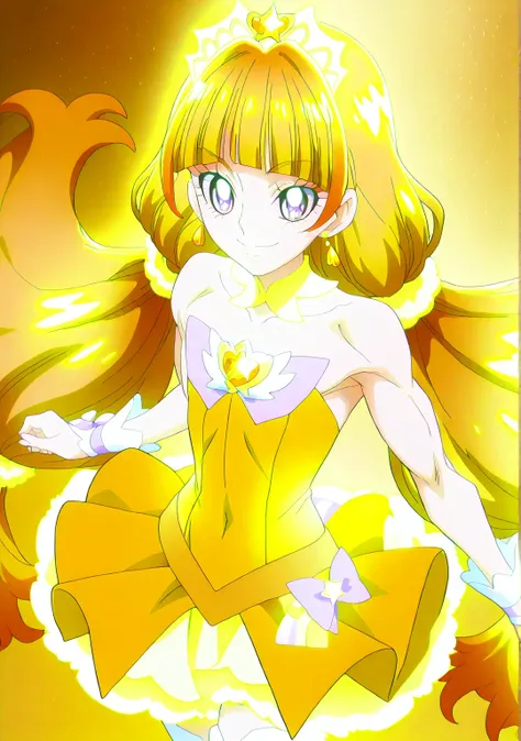 傑作、best quality、best resolution、best image quality、amazing quality、 very aesthetic、 absurdres、anime coloring、anime screencap、anime screenshot、1boy、cure twinkle is a boy warrior、(male:1.6)、official anime style、boy is wearing a yellow strapless dress、orange ...