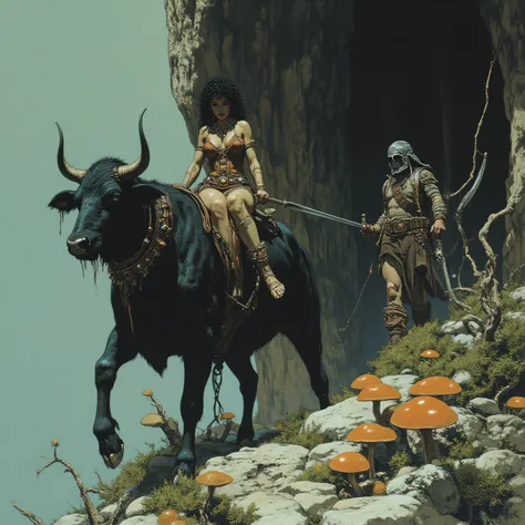 An attractive human slave, with disheveled and curly black hair, wide hips and half-naked breasts backwards dressed in a brown vest, heavily stained and torn, is sitting on top of a large fleecy black ox, long horns adorned with jewels. The slave His hands...