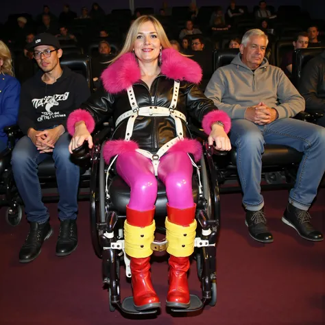 a woman 34 years old wearing a black leather jacket and pink latex pants, sitting in a wheelchair wearing a brnfurlthrjktrev that is bright pink fur with thick leather panels on the shoulders, the woman wears red leather knee high boots, the woman has thic...