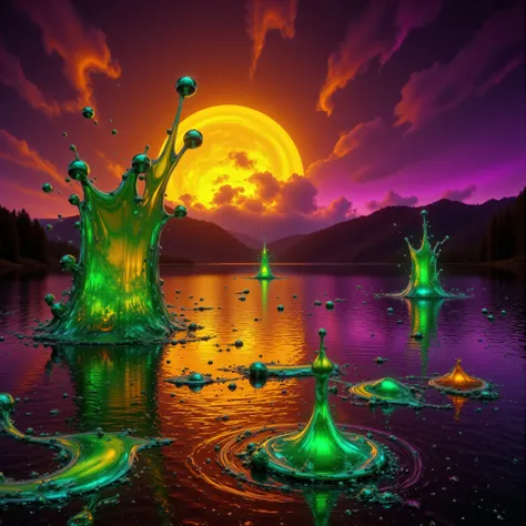 ultra-realistic, photo-realistic, bright vibrant colored realism. The giant lake with dark waters has slime green colored liquid erupting from its surface and rising in 30-foot-tall geysers in 3 different places. A neon orange center fizzes and when the ne...