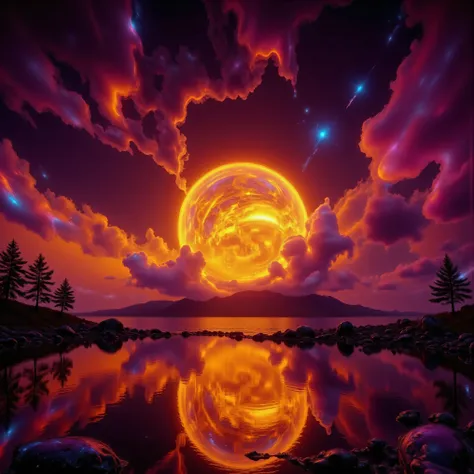 ultra-realistic, photo-realistic, There is a gorgeous sunset with the sun hovering low and burning bright as an enormous fireball with a blue band wafting off the circumference of it in multiple waves, as the sun sets it is turning the many clouds a deep r...