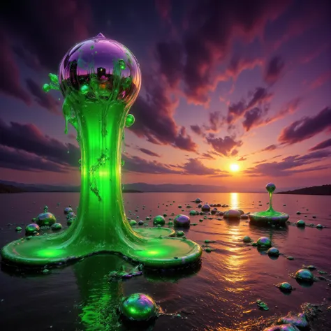 ultra-realistic, photo-realistic, bright vibrant colored realism. The giant lake with dark waters has slime green colored liquid erupting from its surface and rising in 30-foot-tall geysers in 3 different places. A neon orange center fizzes and when the ne...