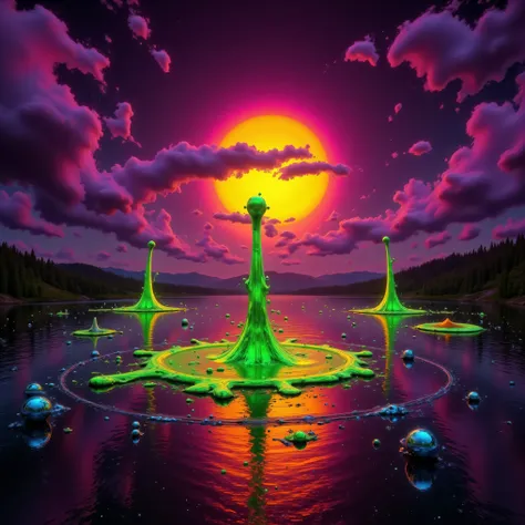 ultra-realistic, photo-realistic, bright vibrant colored realism. The giant lake with dark waters has slime green colored liquid erupting from its surface and rising in 30-foot-tall geysers in 3 different places. A neon orange center fizzes and when the ne...