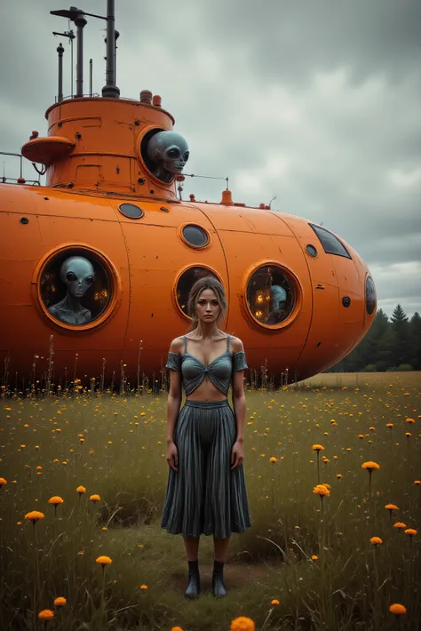 A disturbing photo of a lovely young woman standing in front of an old antique orange painted submarine in the middle of a large field with wildflowers growing tall all around it. There are portholes across the submarine and grey aliens with large heads an...