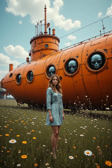 A lovely young woman stands in front of an old antique orange painted submarine in the middle of a large field with wildflowers growing tall all around it. There are portholes across the submarine and grey aliens with large heads and large solid black eyes...