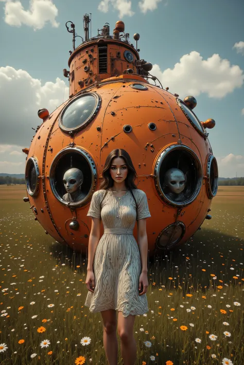 A lovely young woman stands in front of an old antique orange painted submarine in the middle of a large field with wildflowers growing tall all around it. There are portholes across the submarine and grey aliens with large heads and large solid black eyes...