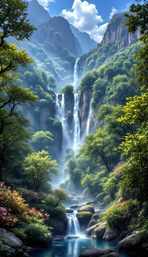 A hyper-realistic aerial Canon EOS R5 photograph of a spectacular tropical waterfall scene, main waterfall in the center with three massive cascading streams, surrounded by smaller waterfalls on the sides, lush tropical forest with gigantic, vividly colore...