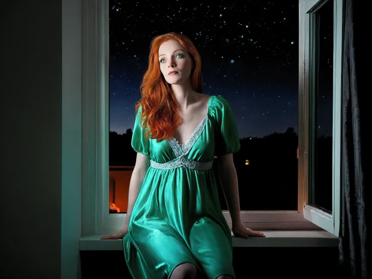 lazypos, photo, night, starlight, dimly lit, night photography, indoors, beautiful woman watching the stars through her bedroom window, stargazing, redhead, pale skin, green eyes, wearing a nightgown