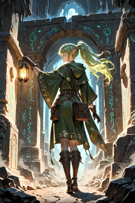(masterpiece, best quality, ultra-detailed, 8k, cinematic low-key lighting),
1woman, elven explorer, green hair, ponytail tucked under hood, pointed ears visible, traveler outfit, leather straps, satchel, gloves,
holding glowing lantern in one hand, faint ...