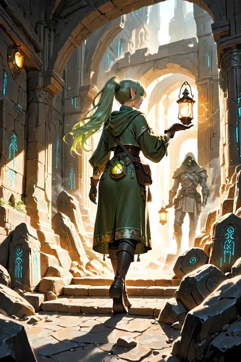 (masterpiece, best quality, ultra-detailed, 8k, cinematic low-key lighting),
1woman, elven explorer, green hair, ponytail tucked under hood, pointed ears visible, traveler outfit, leather straps, satchel, gloves,
holding glowing lantern in one hand, faint ...