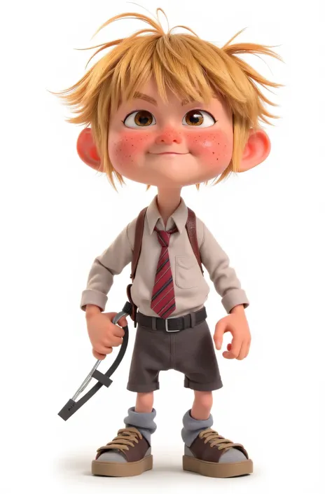 Mischievous schoolboy Vasya, Russian fidget boy with a whirl blond bangs and hair sticking out in different directions, freckled face with a perky smile and brilliant brown eyes, a crumpled school uniform with a tie slid to one side, в кармане рогатка, a s...