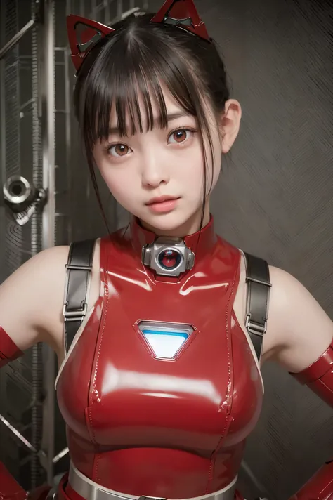 (Highest Quality, very accurate selection, masterpiece:1.2), detailed display, T-shirt with a realistic design on the entire surface:1.37,woman carried on a belt conveyor:1.6、(Perfect Anatomy), a sexy Red Ranger woman wearing a red ranger cyber costume、rob...