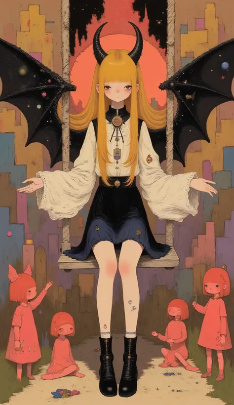 Surrealist oil painting, top three-quarter view: a mysterious She-Devil with elegant black and crimson horns and large, outstretched black wings — one torn and bandaged — sits gracefully on a Victorian-style wooden swing in a dreamlike playground surrounde...