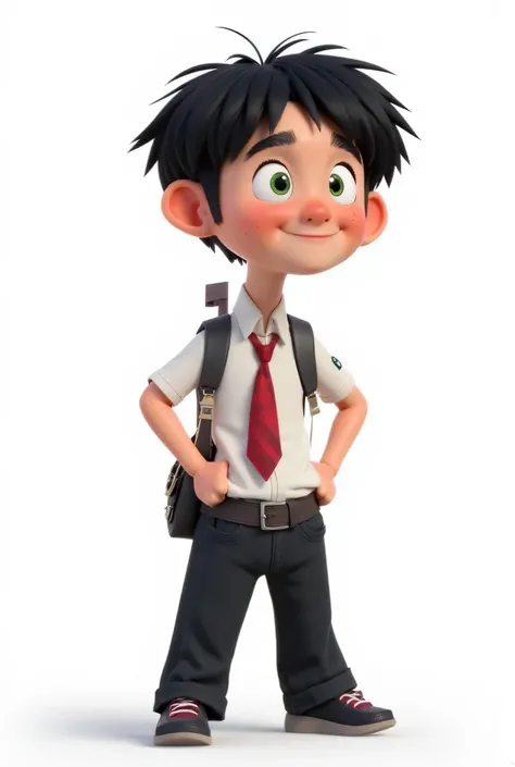 Kind and smart schoolboy Kolya, Russian fidget boy with black hair, face with a cheerful smile and sparkling green eyes, crumpled school uniform with tie pulled to one side, dynamic pose, slingshot in his pocket, modern Russian animation style, bright cont...