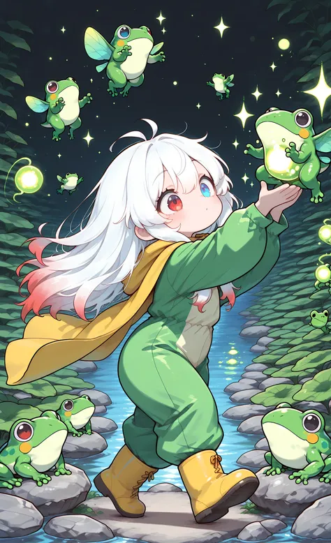 a masterpiece, top quality, super detailed:1.3, 1 girl, solo, pure white hair with soft gradient red tips, heterochromia, fair skin, wearing a bright green frog jumpsuit with a yellow cape, yellow waterproof boots, holding a glowing alien creature in her h...