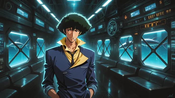 4K wallpaper, neo-noir anime style, from Cowboy Bebop. Spike Spiegel calmly smoking a cigarette, leaning against a metallic wall inside the Bebop's hangar. Soft, dramatic film noir lighting (chiaroscuro) highlights the smoke curling around him and the coll...