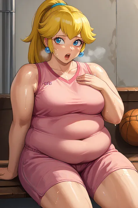 score_9, score_8_up, score_7_up, BREAK, 1girl, solo, princess peach, 1girl, solo, , blonde hair, ponytail, jewelry, , makeup, casual, cowboy shot, blue eyes, looking at the viewer, large breasts, hand on chest, pink tanktop, sweaty, pink shorts, sweating p...