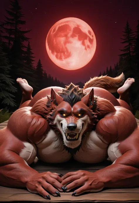 masterpiece, best quality, amazing quality, high quality, RAW photo, (Photorealistic Style), (Perfectly Correct Anatomy). (furry), (1boy), (Huge Adult Male muscular bara Werewolf Lycan West from Fortnite), (Himbo:1), Very Masculine, Huge Man, Red and Light...
