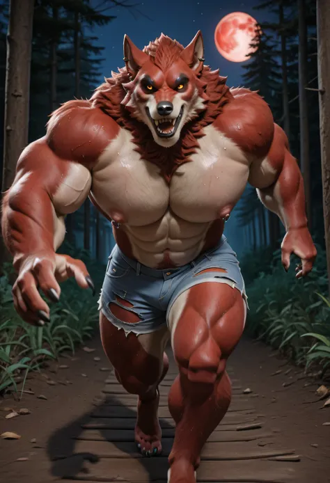 masterpiece, best quality, amazing quality, high quality, RAW photo, (Photorealistic Style), (Perfectly Correct Anatomy). (furry), (1boy), (Huge Adult Male muscular bara Werewolf Lycan West from Fortnite), Himbo, Very Masculine, Huge Man, Red and Light Bro...