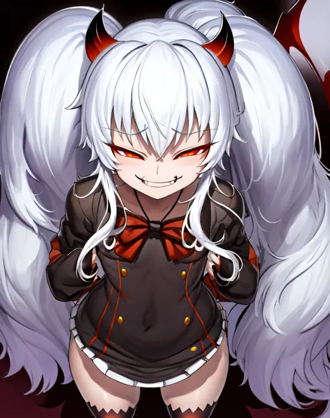 1girl,solo,Grimm aloe,Demon Horn, black_dress,standing,,Devil's Wings,single blade,,One Blade,,Dark Ambient Background,,blackいセーラー服,messugaki,(smirk:1.7),thighhigh socks,masterprice,perfect quolity,best quolity,amezing quolity,