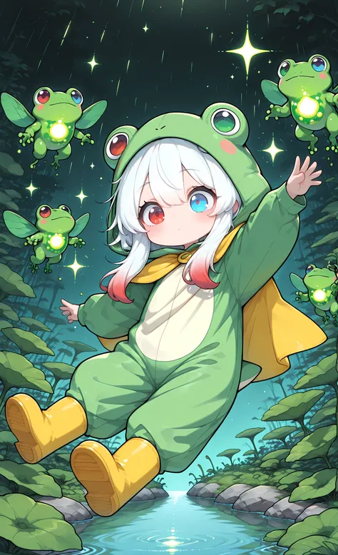 masterpiece, best quality, ultra-detailed:1.3, 1girl, solo, pure white hair with soft gradient red tips, heterochromia, fair skin, wearing bright green frog onesie with yellow cape, yellow rain boots, holding glowing alien seed, surrounded by bioluminescen...