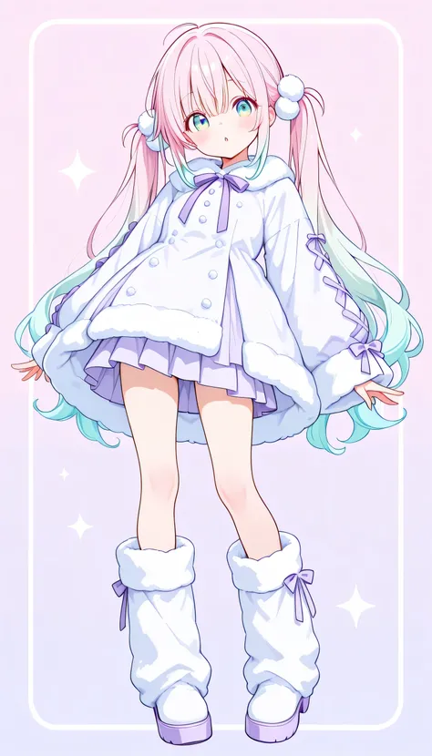 face to the front、1girl,(pretty face、baby face)、cute、fluffy hair ornaments、（have hair flowing back）twin tails、light green and light pink gradient hair、個性的でcuteヘアスタイル、pop background、(eyes shine with light purple and light blue gradations)、（best details、High...