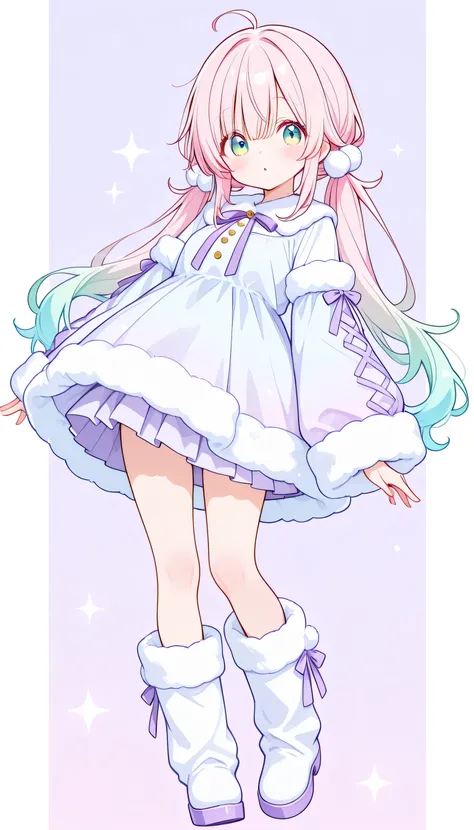 face to the front、1girl,(pretty face、baby face)、cute、fluffy hair ornaments、（have hair flowing back）twin tails、light green and light pink gradient hair、個性的でcuteヘアスタイル、pop background、(eyes shine with light purple and light blue gradations)、（best details、High...