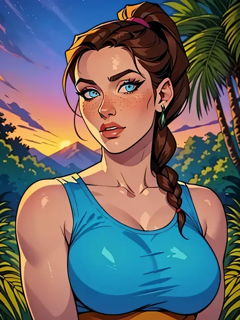 Melhor qualidade, obra de arte, (realista: 1.2) Close up of a thin and athletic woman (Lara Croft), 25 anos, 16k (( high definition )),  sighing look, olhar sedutor ((looking at the viewer)), olhos castanhos, Wearing a tight petrol blue regatta ((decote em...