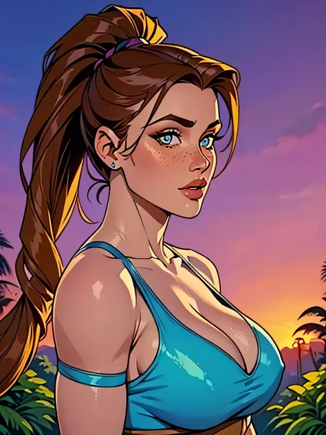 Melhor qualidade, obra de arte, (realista: 1.2) Close up of a thin woman ,  busty and athletic  (Lara Croft), 25 anos, 16k (( high definition )),  sighing look, olhar sedutor ((looking at the viewer)), olhos castanhos, Wearing a tight petrol blue regatta (...
