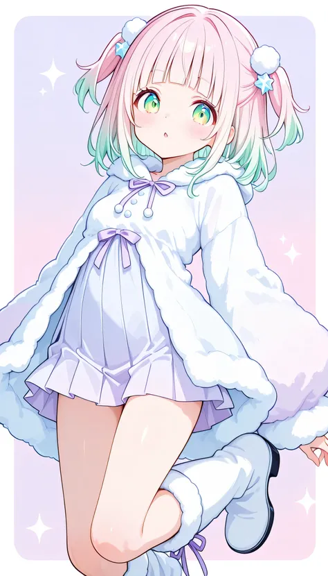 face to the front、1girl,(pretty face、baby face)、(Light pink and light green gradation eyes)、cute、fluffy hair ornaments、 arched bangs、Medium hair、light green and light pink gradient hair、個性的でcuteヘアスタイル、pop background、(eyes shine with light purple and light ...