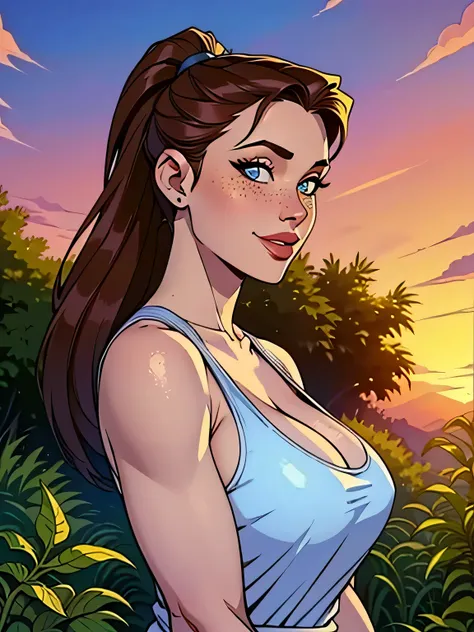 Melhor qualidade, obra de arte, (realista: 1.2) Close up of a thin woman ,  busty and athletic  (Lara Croft), 25 anos, 16k (( high definition )), sorriso suspirante, olhar sedutor ((looking at the viewer)), olhos castanhos, wearing a fitted petrol blue tan...