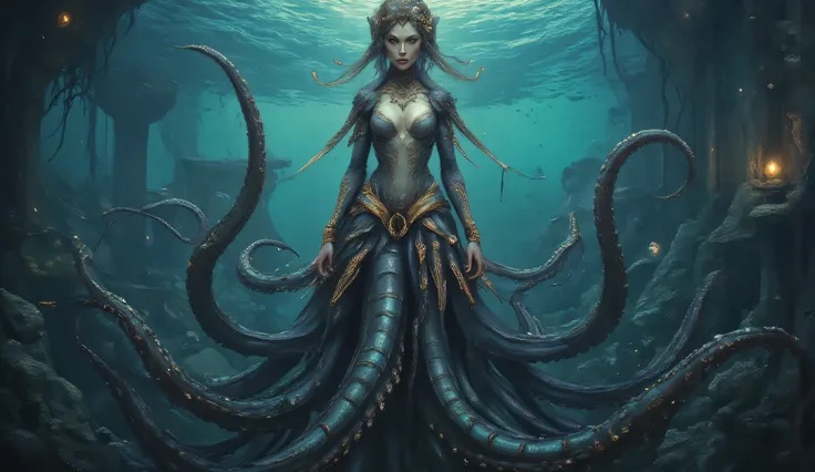 A hauntingly beautiful woman-squid hybrid priestess of Dagon emerging from dark churning waters, upper body of an ethereal pale woman with iridescent scales subtly blending into her skin, lower body transforming into elegant tentacles with bioluminescent s...