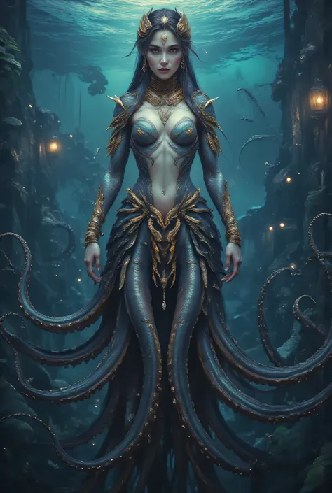 A hauntingly beautiful woman-squid hybrid priestess of Dagon emerging from dark churning waters, upper body of an ethereal pale woman with iridescent scales subtly blending into her skin, lower body transforming into elegant tentacles with bioluminescent s...