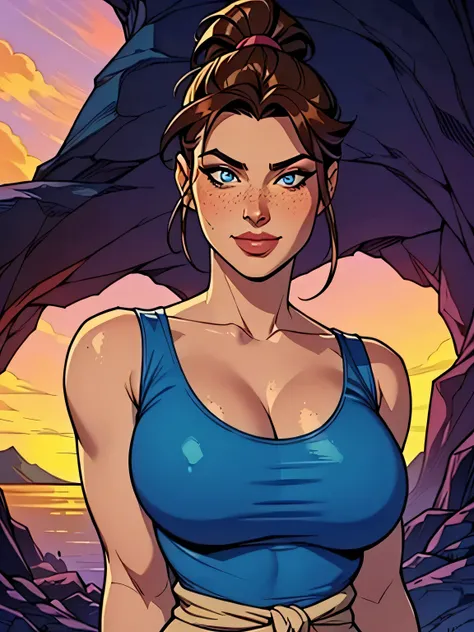 Melhor qualidade, obra de arte, (realista: 1.2) Close up of a thin woman ,  busty and athletic  (Lara Croft), 25 anos, 16k (( high definition )), sorriso suspirante, olhar sedutor ((looking at the viewer)), olhos castanhos, wearing a fitted petrol blue tan...